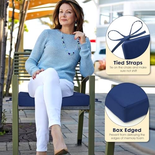 Outdoor Chair Cushions Set of 4 Fade Water Resistant, 18.5X16X3-4 PACK Navy