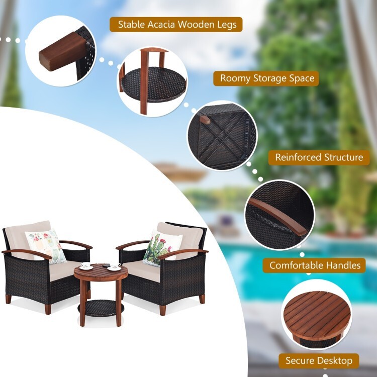 3PCS Patio Outdoor Garden Furniture Rattan Sofa Set With 2-Tier Coffee Table