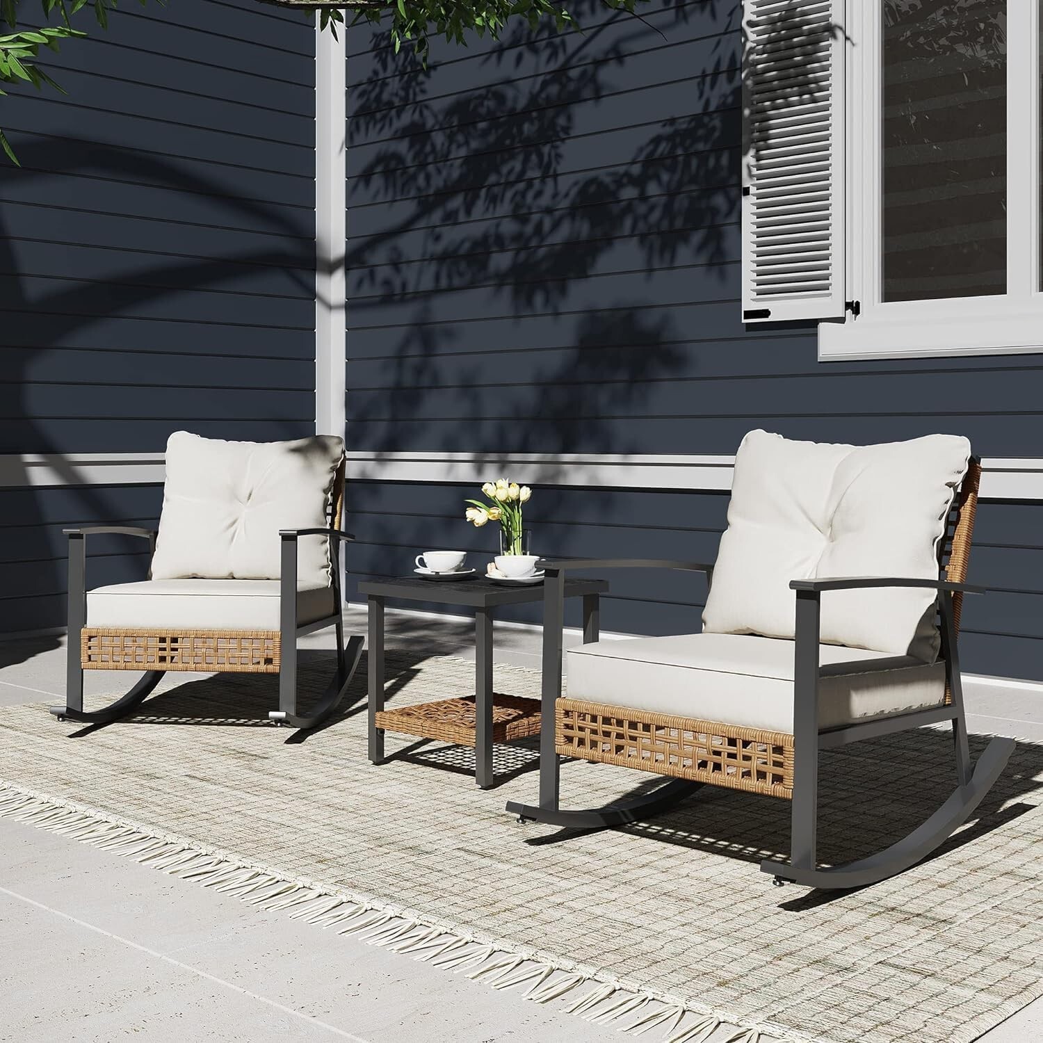 LAUSAINT HOME 3 Pieces Patio Conversation Set with 2-Tier Coffee Table, Beige