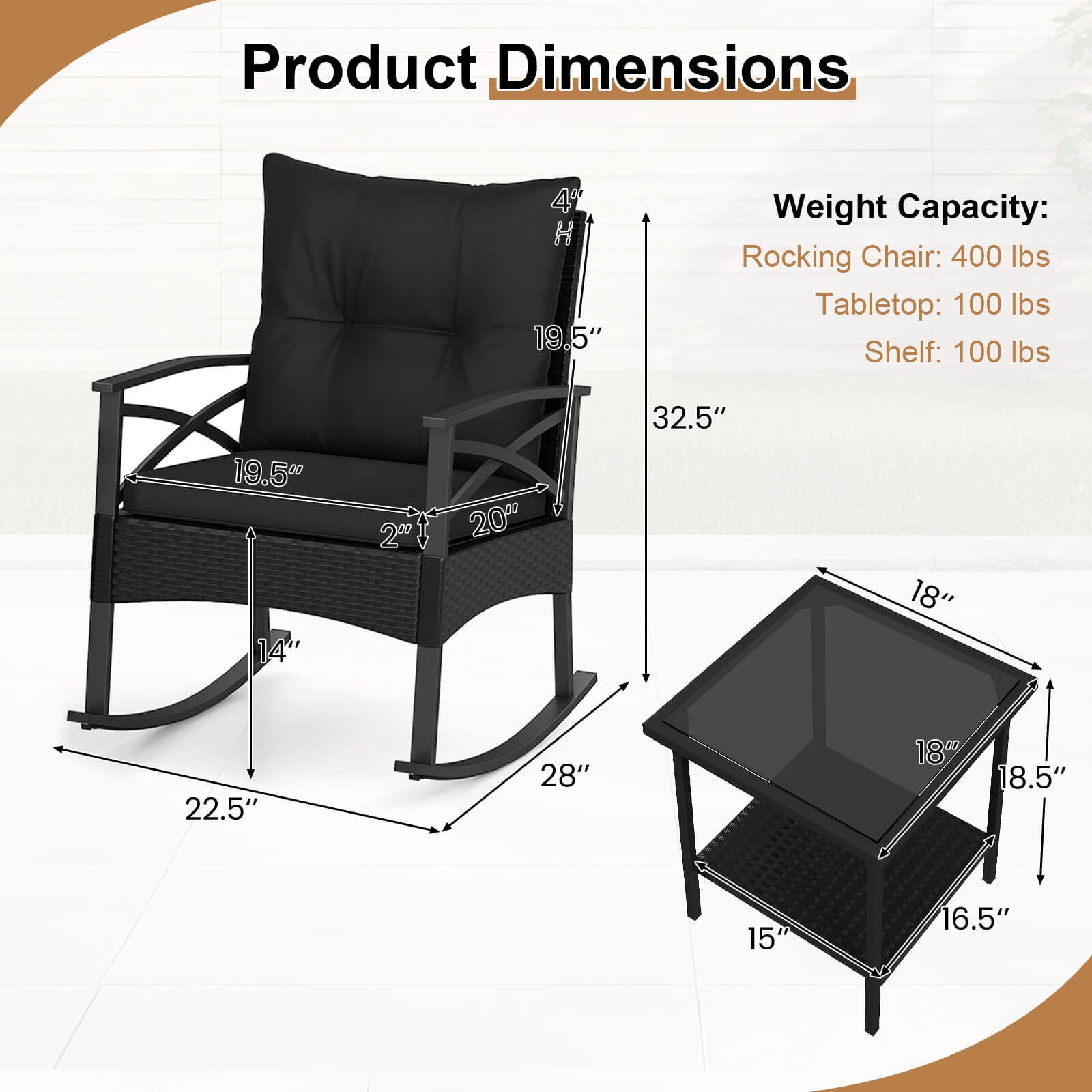 3-Piece Rattan Rocking Bistro Set w/Tempered Glass Tabletop & Cushions for Porch