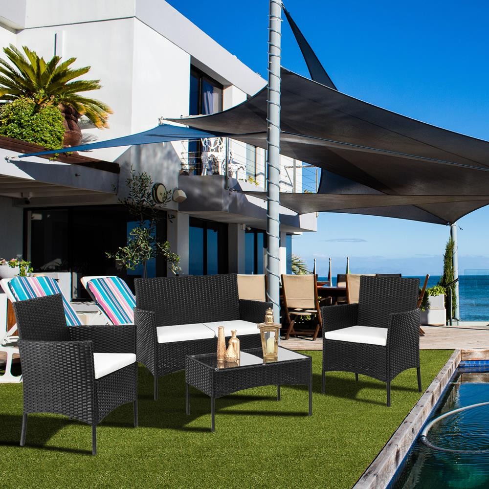 4 PCS Outdoor Patio PE Rattan Wicker Table Set Sofa Furniture w/ Cushion Black