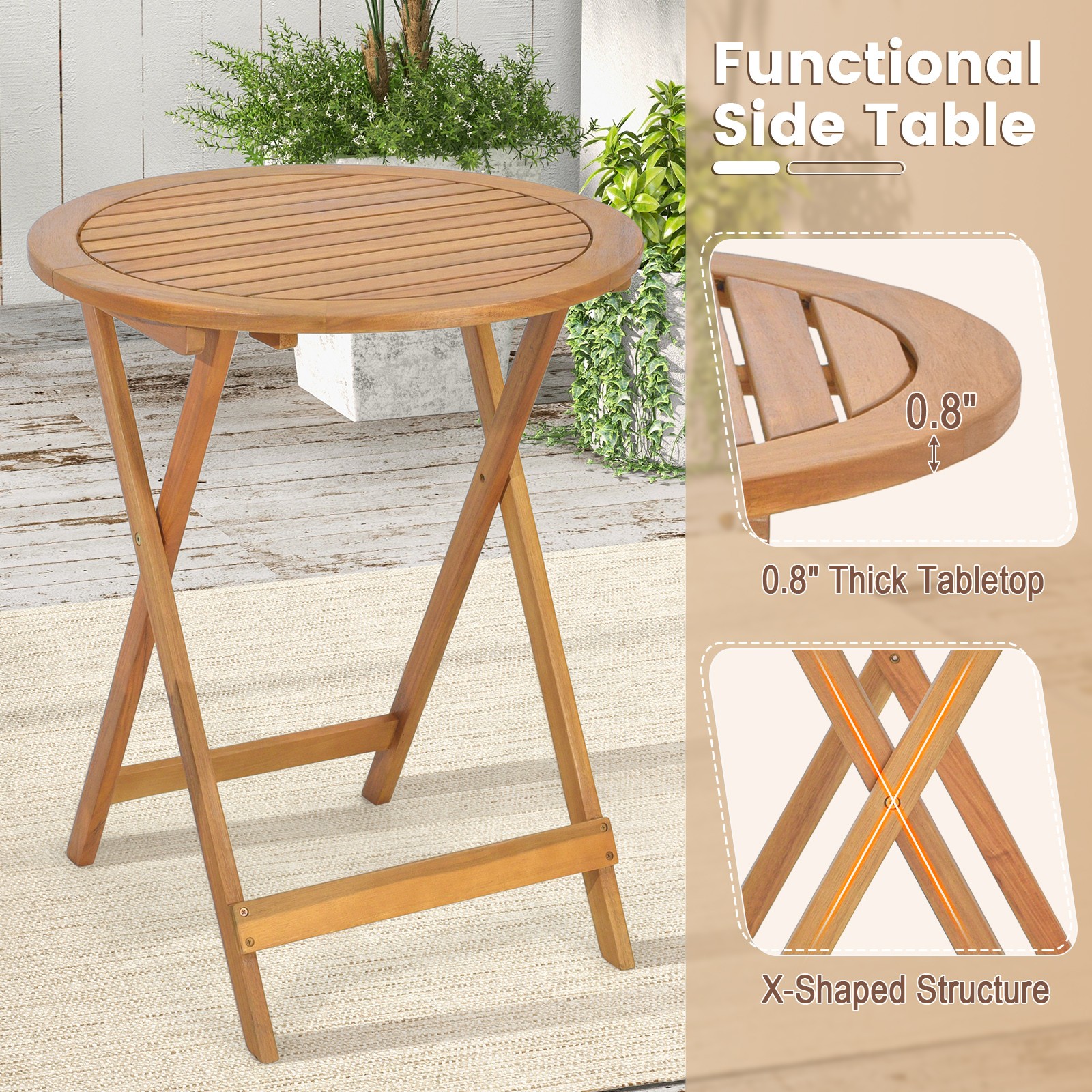 3PCS Folding Outdoor Set Solid Acacia Wood Table Chairs No Installation Required