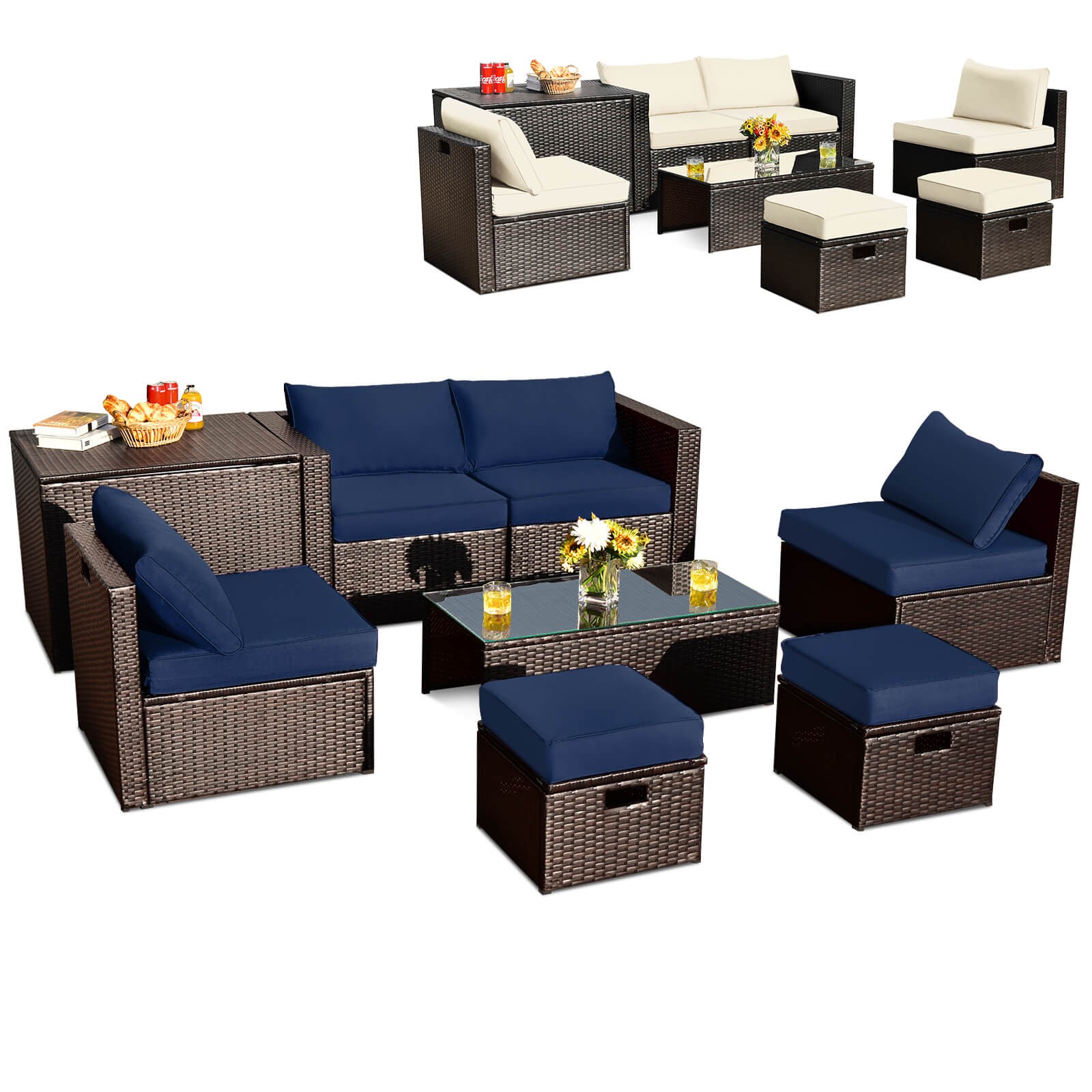 8 PCS Outdoor Wicker Furniture Set w/Storage Box Tempered Glass Table 2 Ottomans