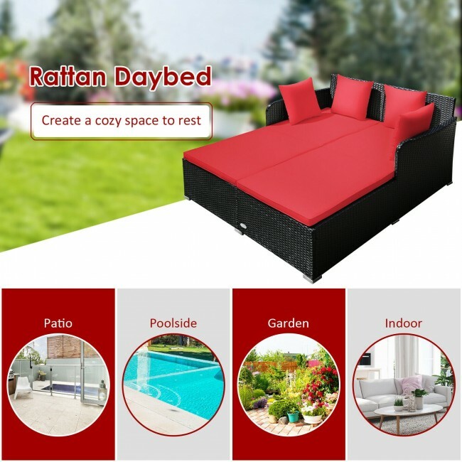 Costway Outdoor Patio Rattan Daybed Thick Pillow Cushioned Sofa Furniture Garden