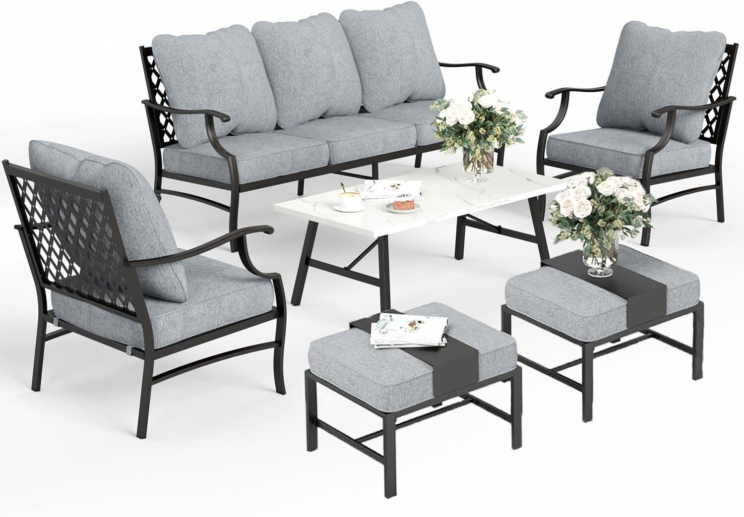 6 Piece Patio Furniture Set Outdoor Conversation Set for Lawn Backyard 7-Seats