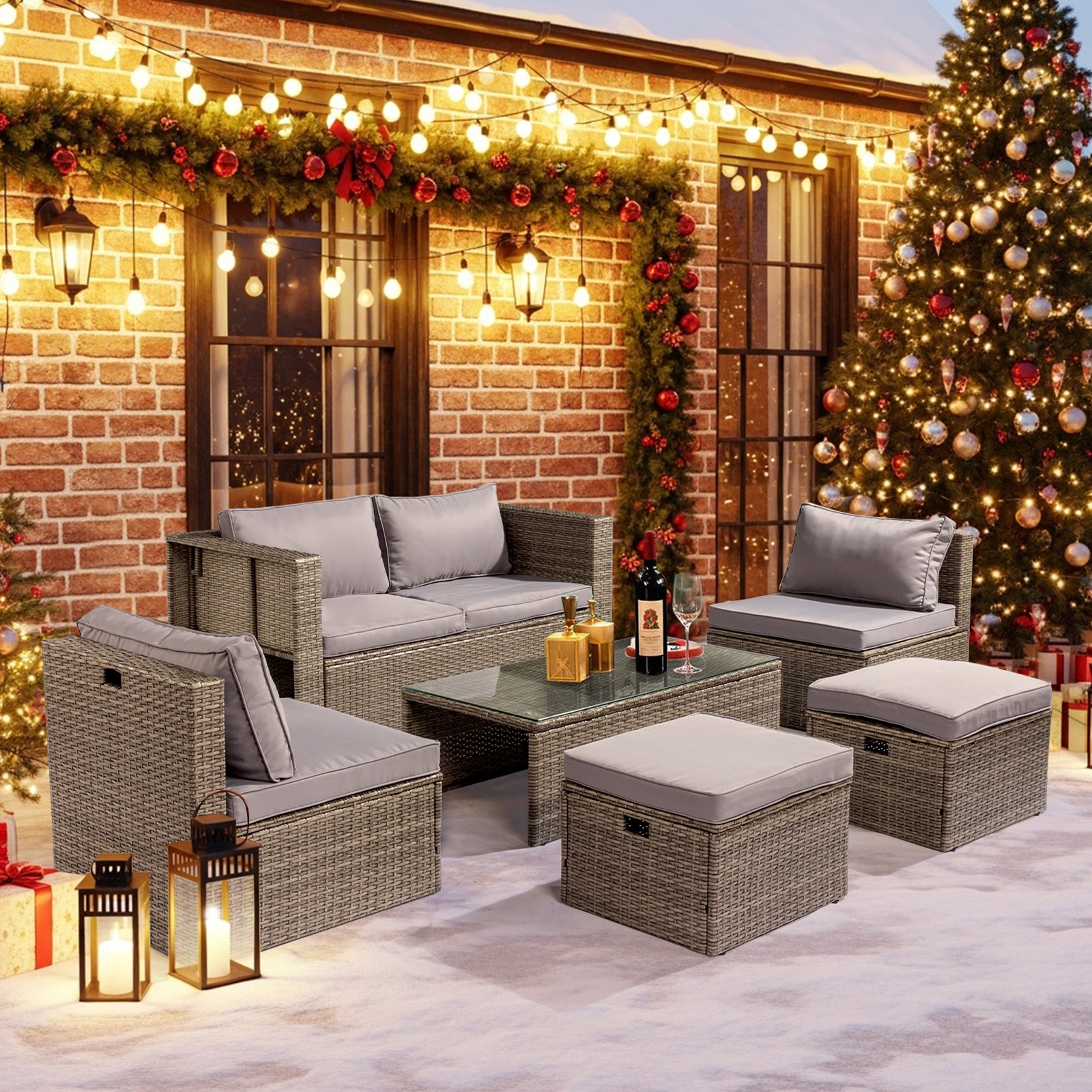6 Piece Outdoor Patio Rattan Sectional Furniture Chair Set with Table, Footstool