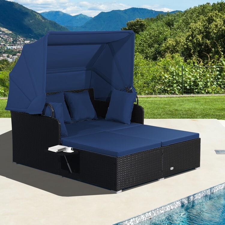 Patio Rattan Daybed Lounge Canopy Navy Cushions Outdoor Furniture W/ Side Tables