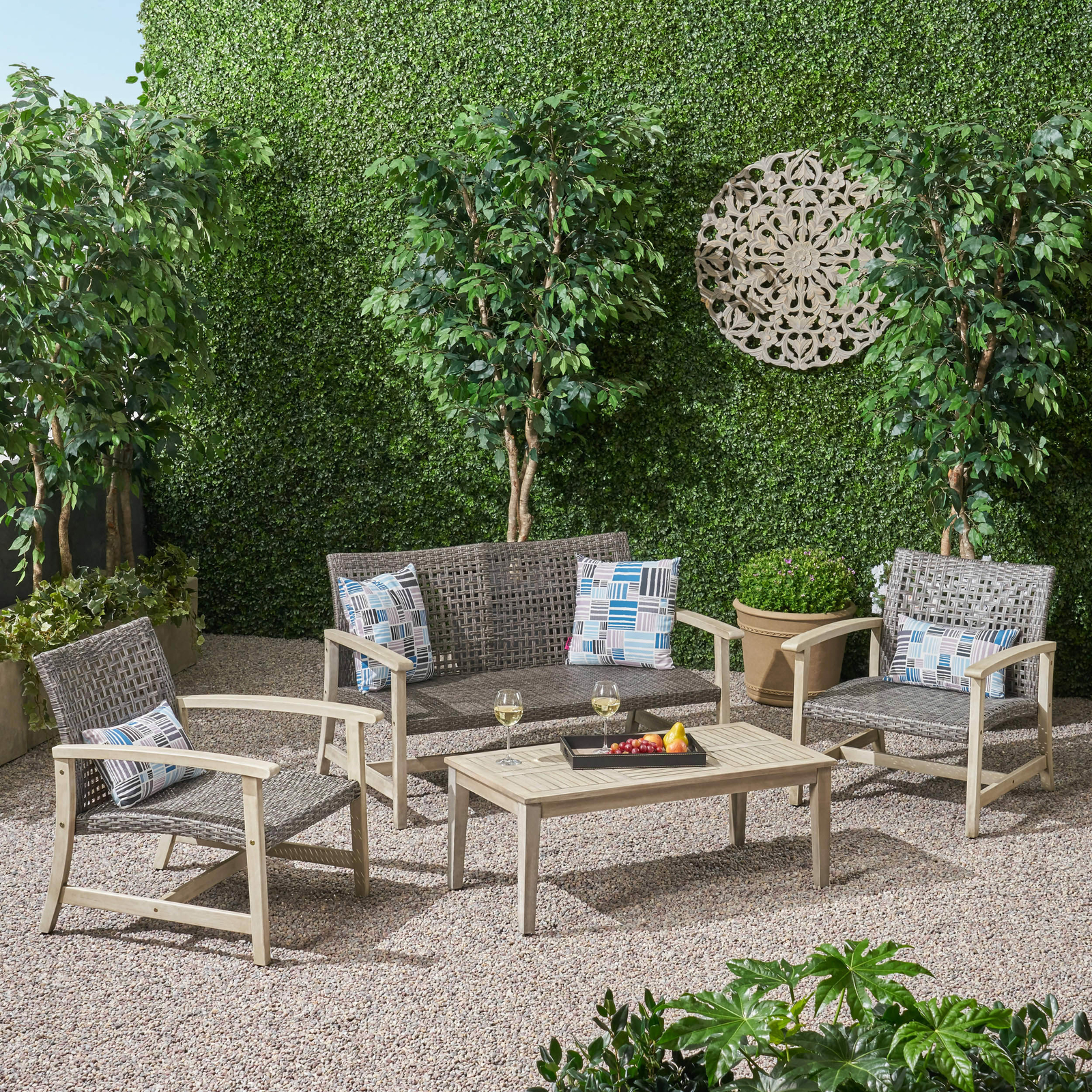 Spring Spender Outdoor 4 Piece Wood and Wicker Chat Set