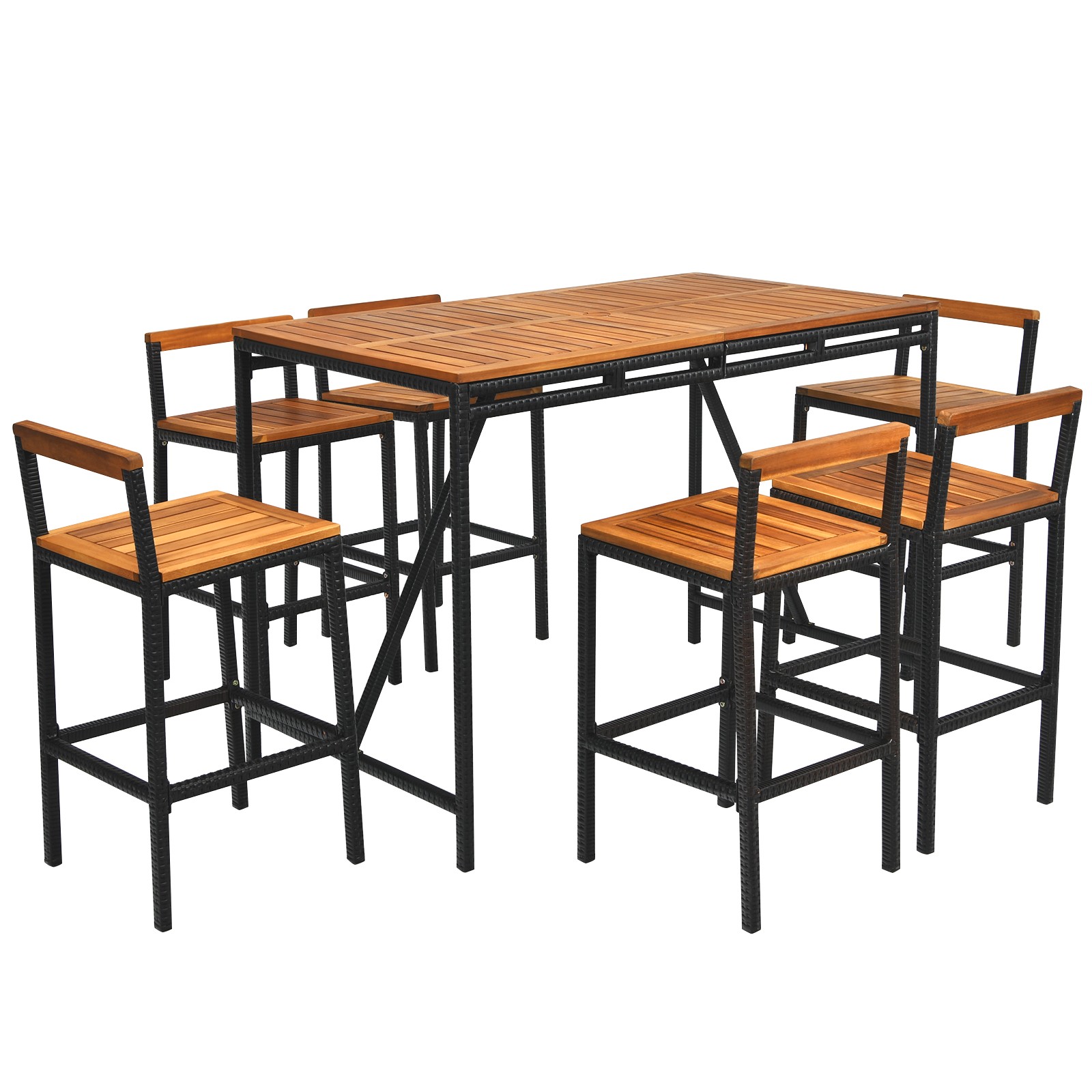 Patiojoy Patio 7PCS Rattan Bar Set Acacia Wood Frame Stools Table Umbrella Hole