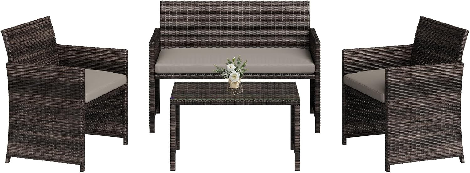 🪑 4 Piece Brown Beige Wicker Patio Set Rattan Sofa Glass Table Cushion Outdoor