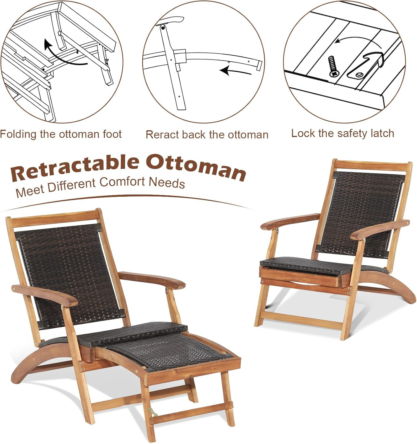 Patio Lounge Chair and Side Table Set of 2, Acacia Wood Wicker Folding Table and
