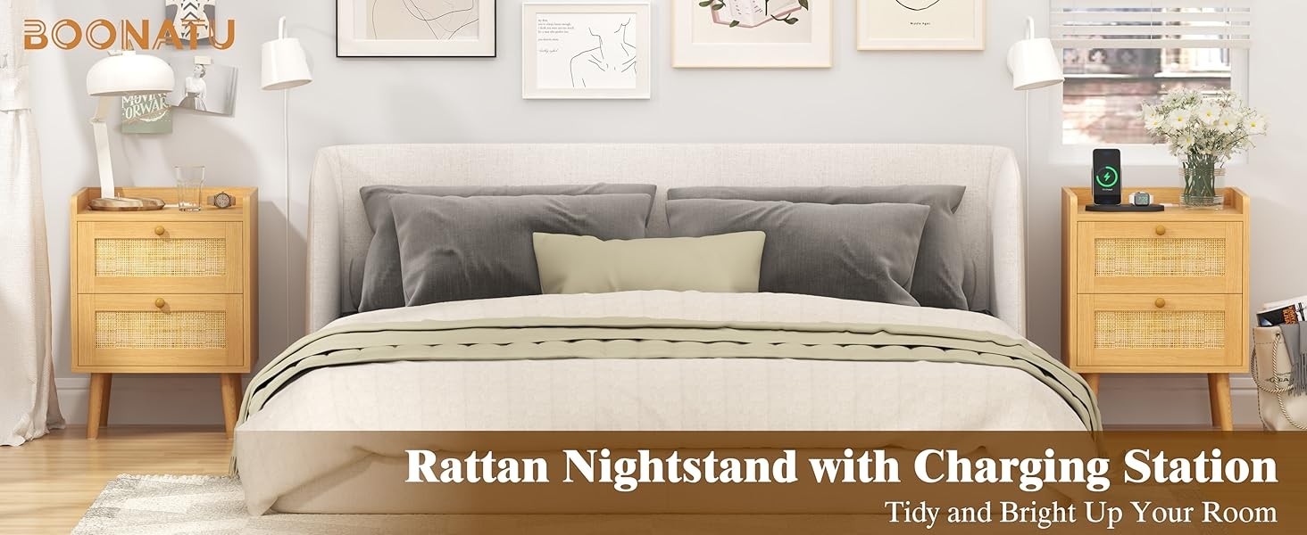 Nightstands Set of 2, Small Night Stands with Charging Stat, Wood
