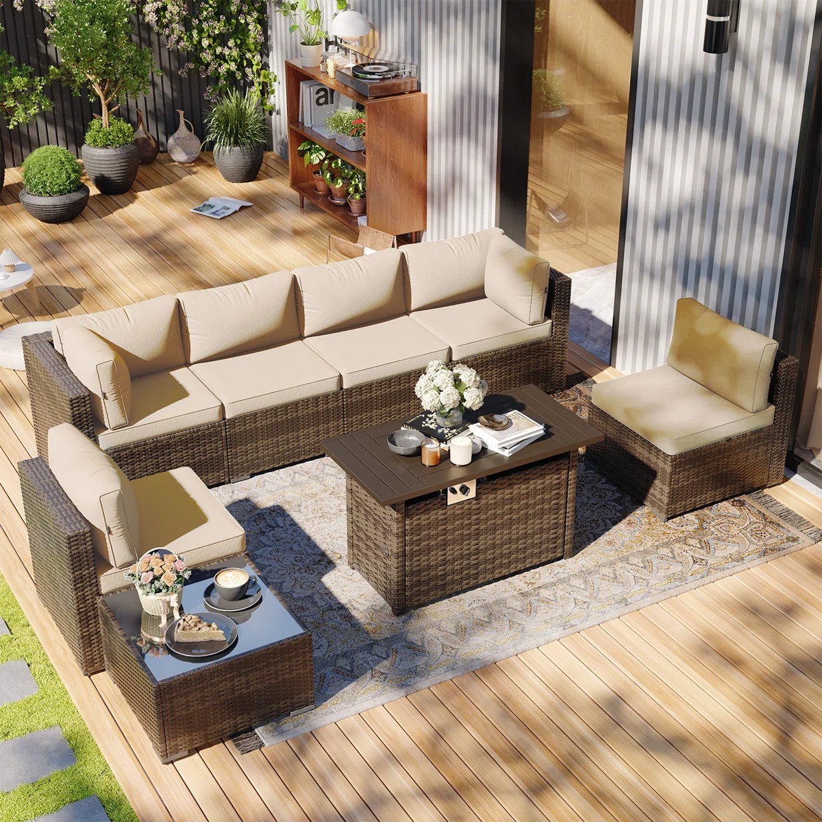 8 Piece Patio Furniture Set with Propane Gas Fire Pit Table (wicker)