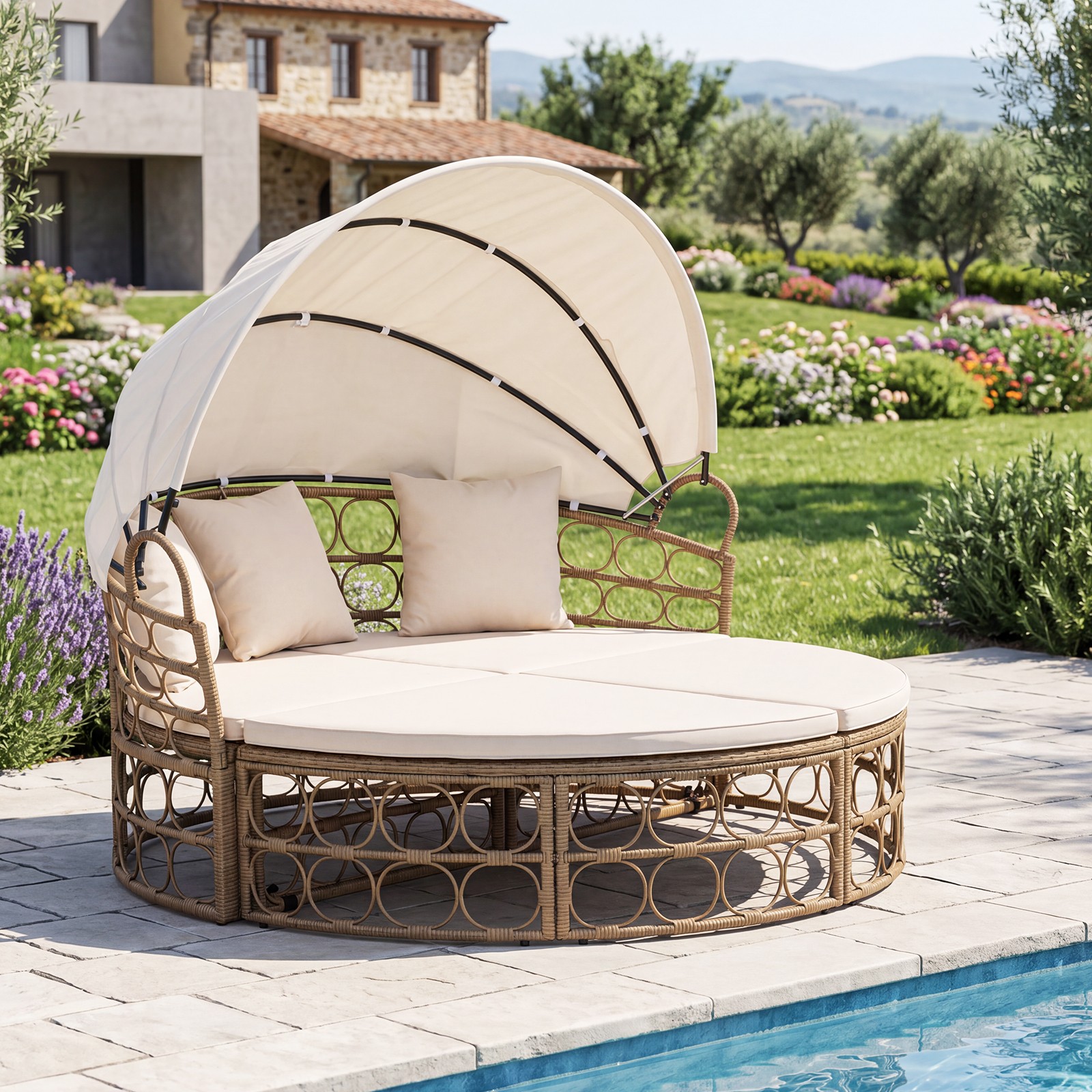 Outdoor Patio Daybed w/ Retractable Canopy & Cushions, Round Sectional Couch