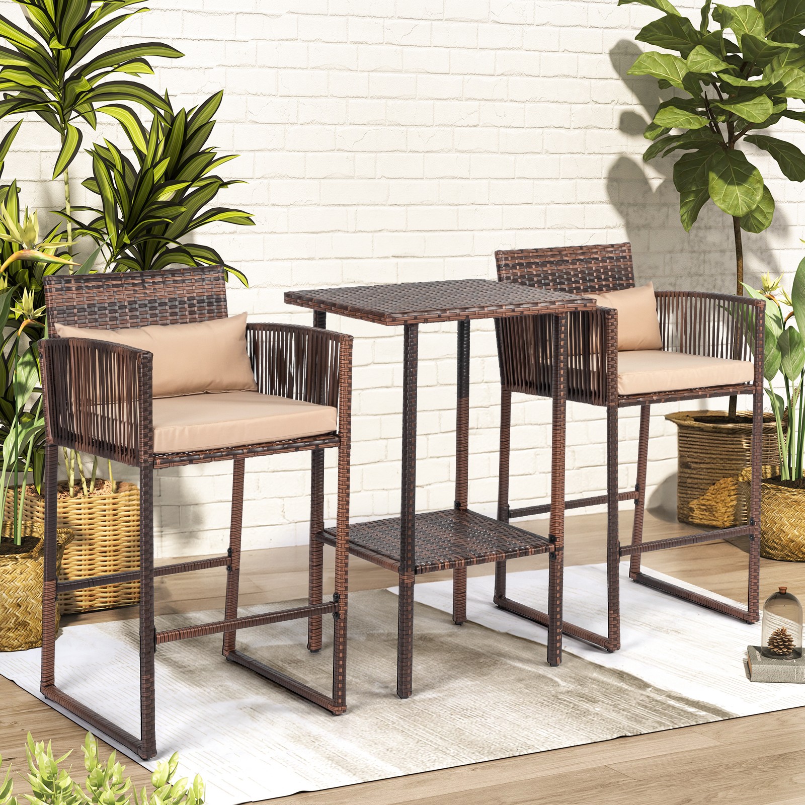 3 Piece Bar Height Bistro Table Set 2 People High Top Wicker Bar Stools & Table