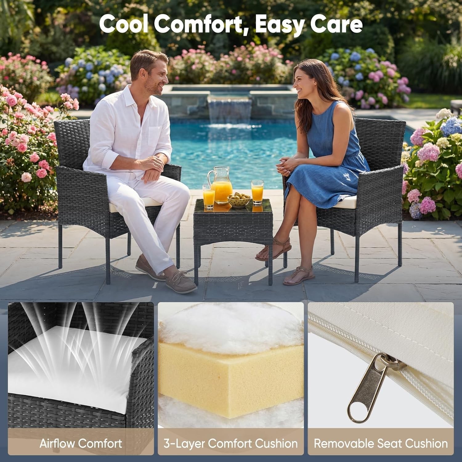 Water-Resistant 3-Piece Wicker Bistro Set – Removable Cushions & Glass Table