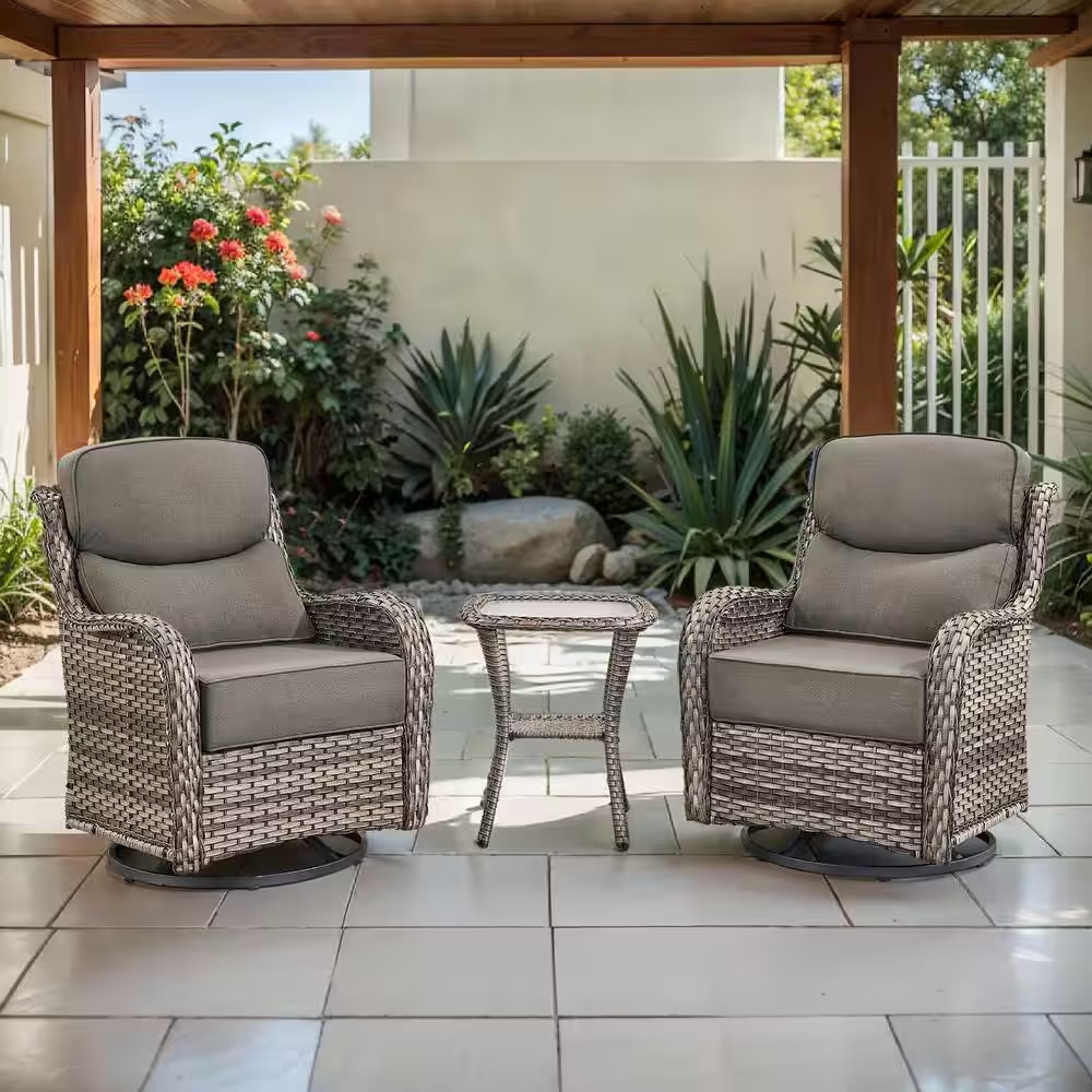 Arcadia Gray 3-Piece Wicker Swivel Rocker Patio Conversation Set with 6 In. Thic