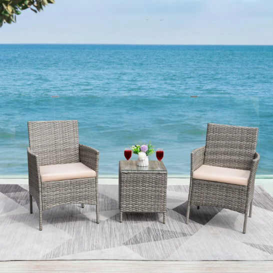 Devoko 3pc Outdoor Patio Conversation Set Wicker Bistro Chairs Beige/Gray