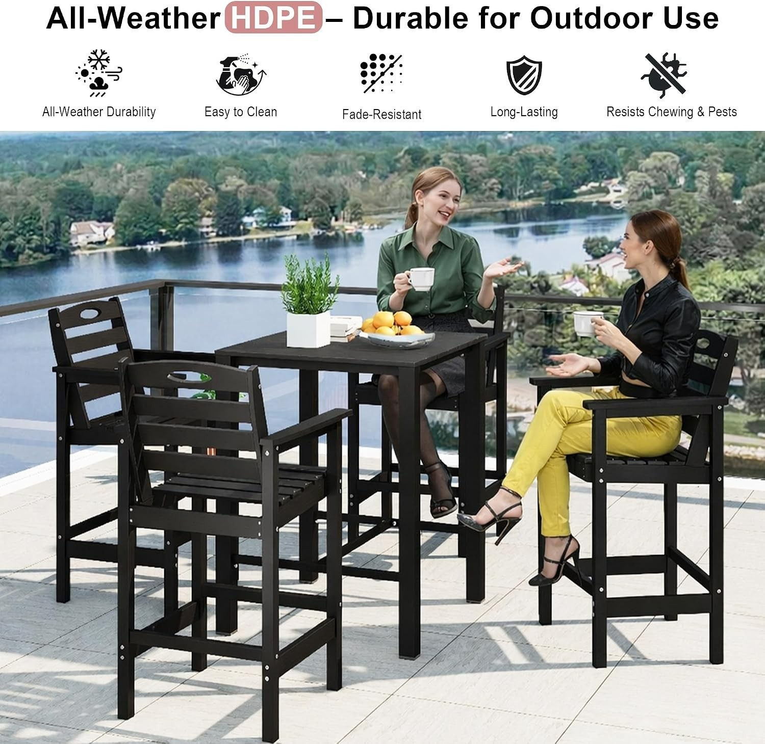 Domi 3Pcs HDPE Adirondack Patio Bar Set(1Table+2Chair)for Balcony,Backyard,Black