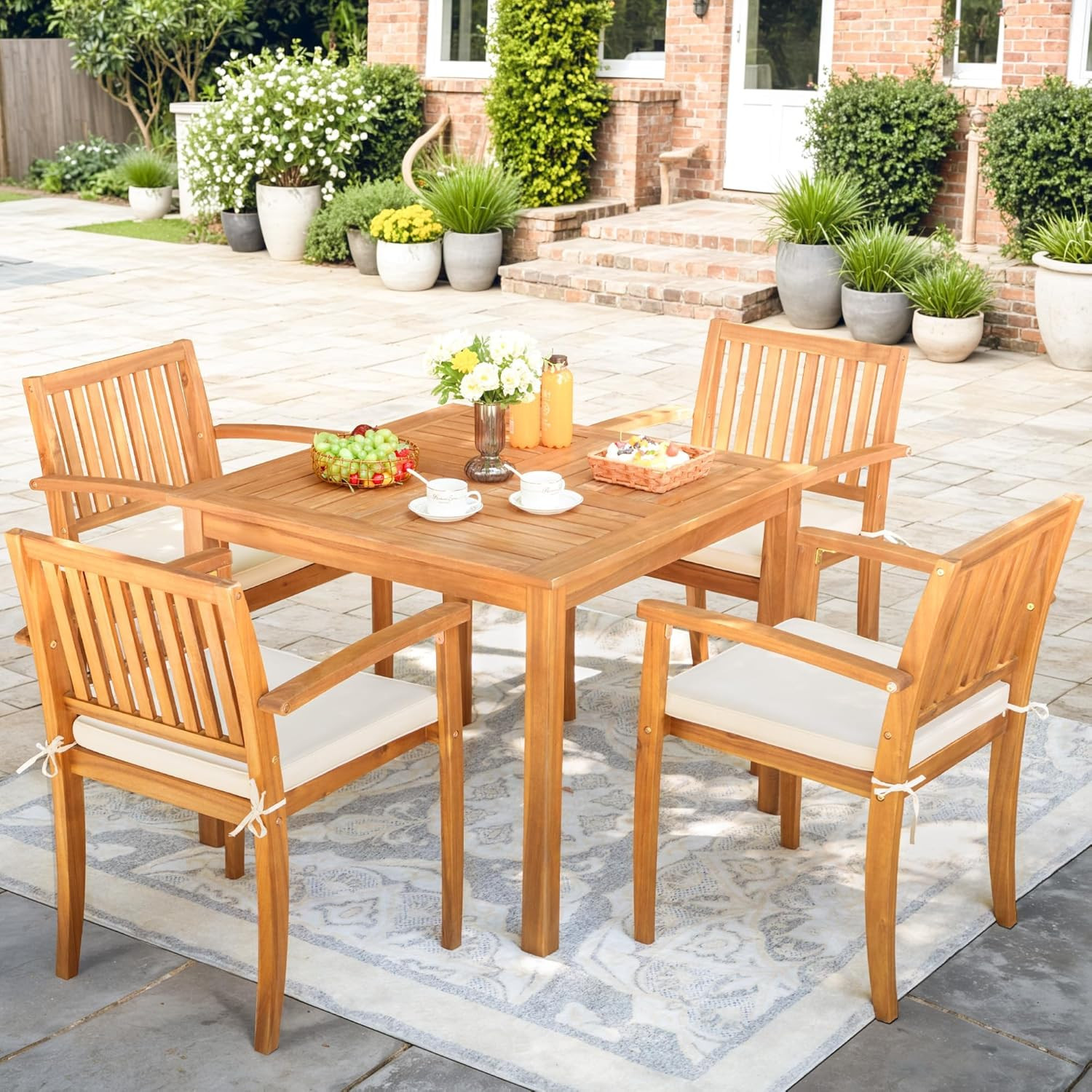 5 Piece Patio Dining Set Outdoor Solid Wood Furniture W/Square Tabletop & 4 Chai