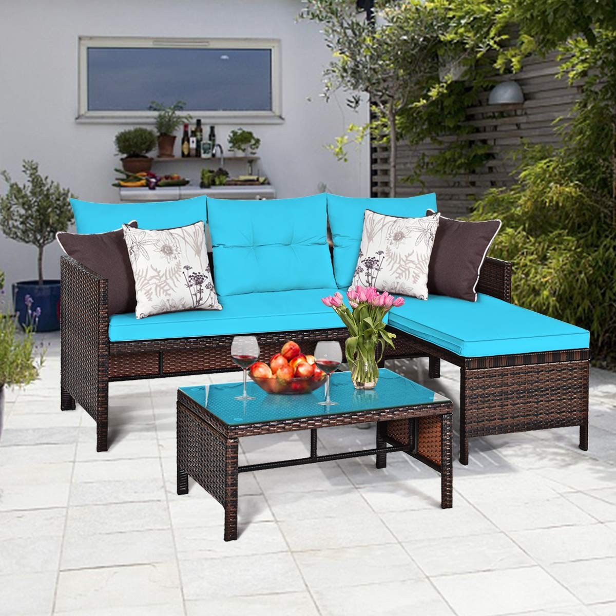 RELAX4LIFE 3-Piece Patio Furniture Set, Outdoor Wicker Sectional Sofa Set w/W…