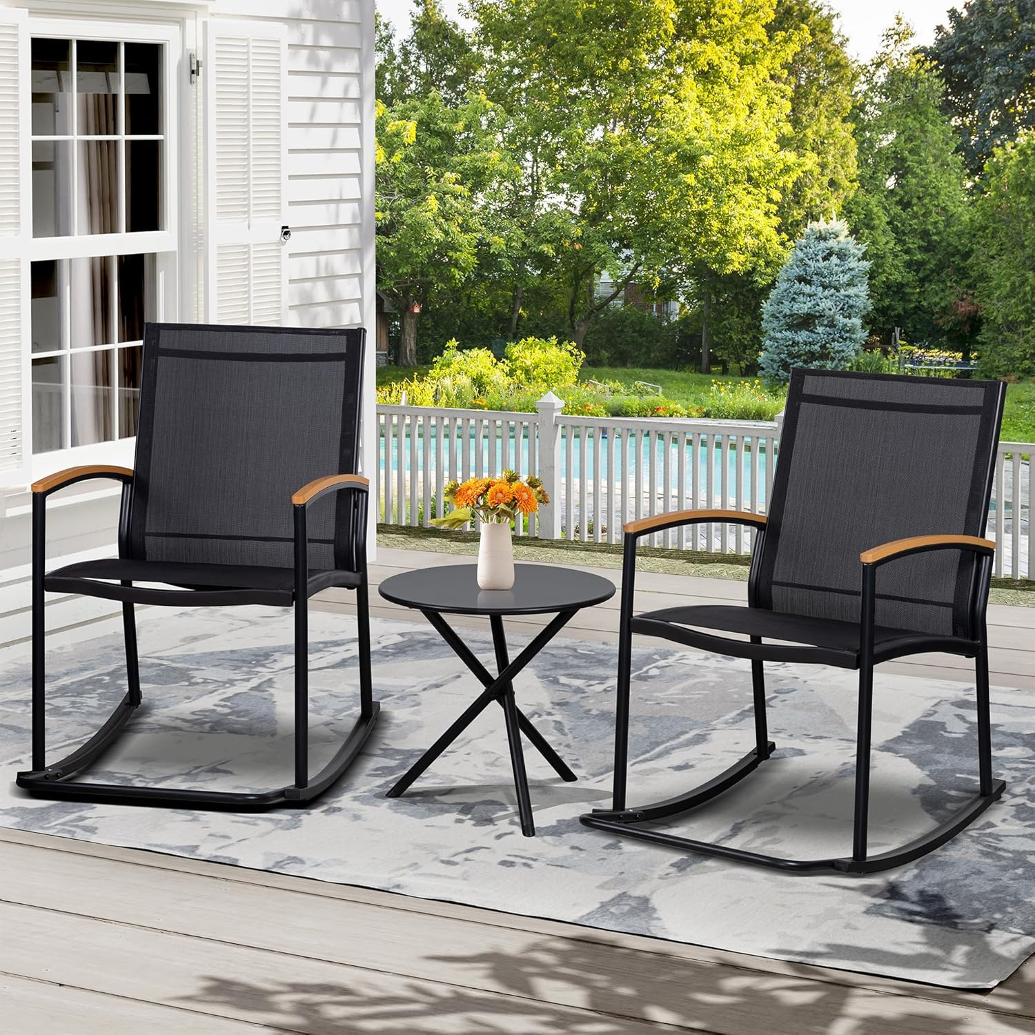 3 Piece Outdoor Rocking Bistro Set, Textilene Fabric Small Patio Furniture Set,