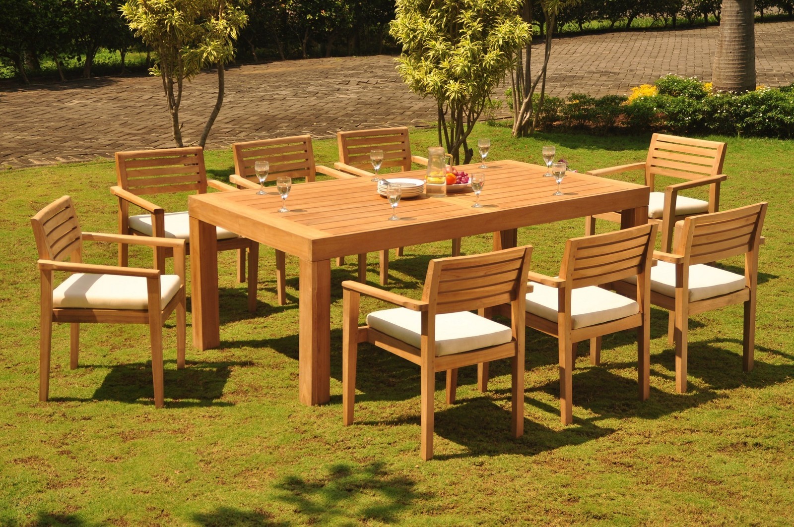 Montana Grade-A Teak 9Pc Dining Canberra Rectangle Table Stacking Arm Chair Set