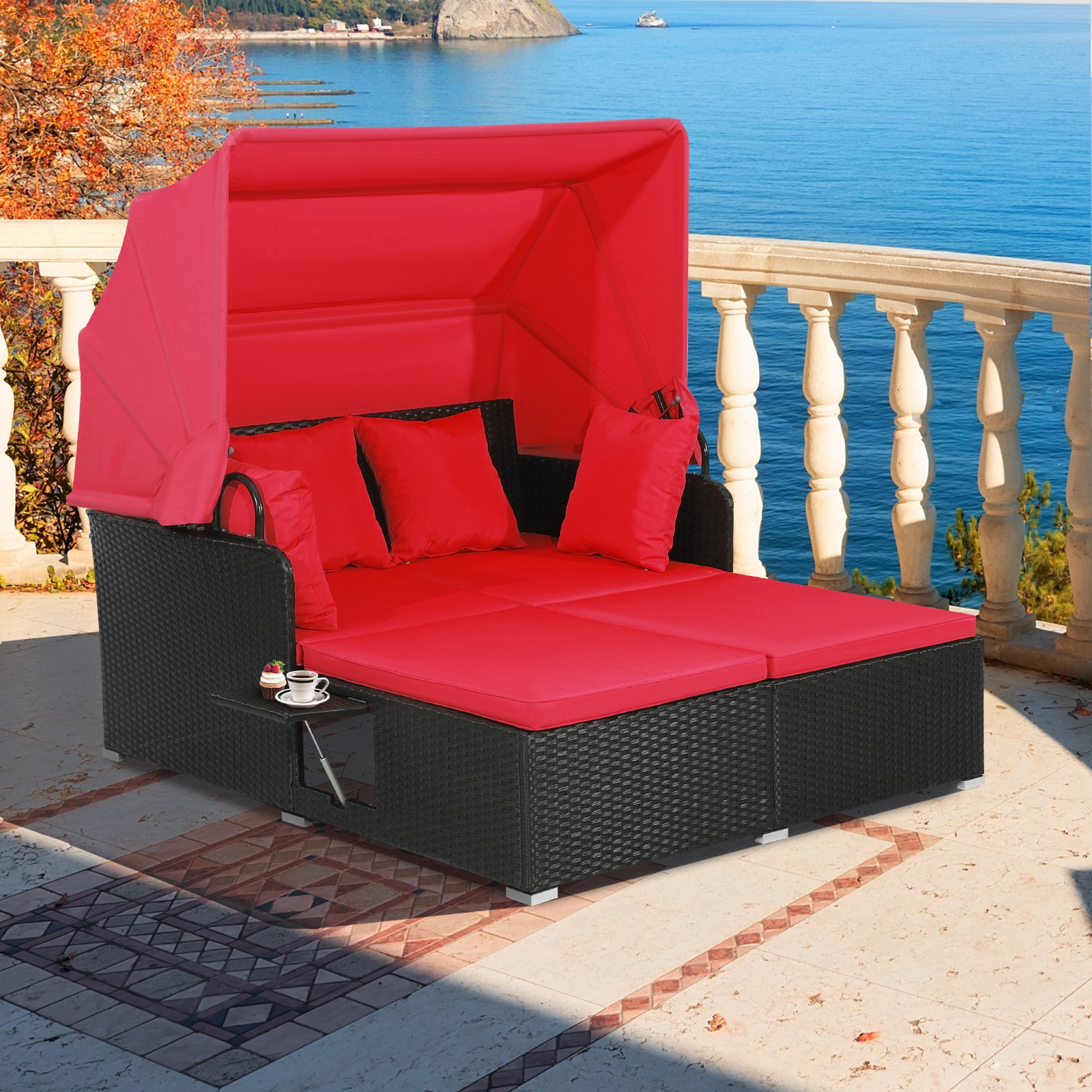 Patio Rattan Daybed Lounge Retractable Top Canopy Side Table w/ Red Cushions