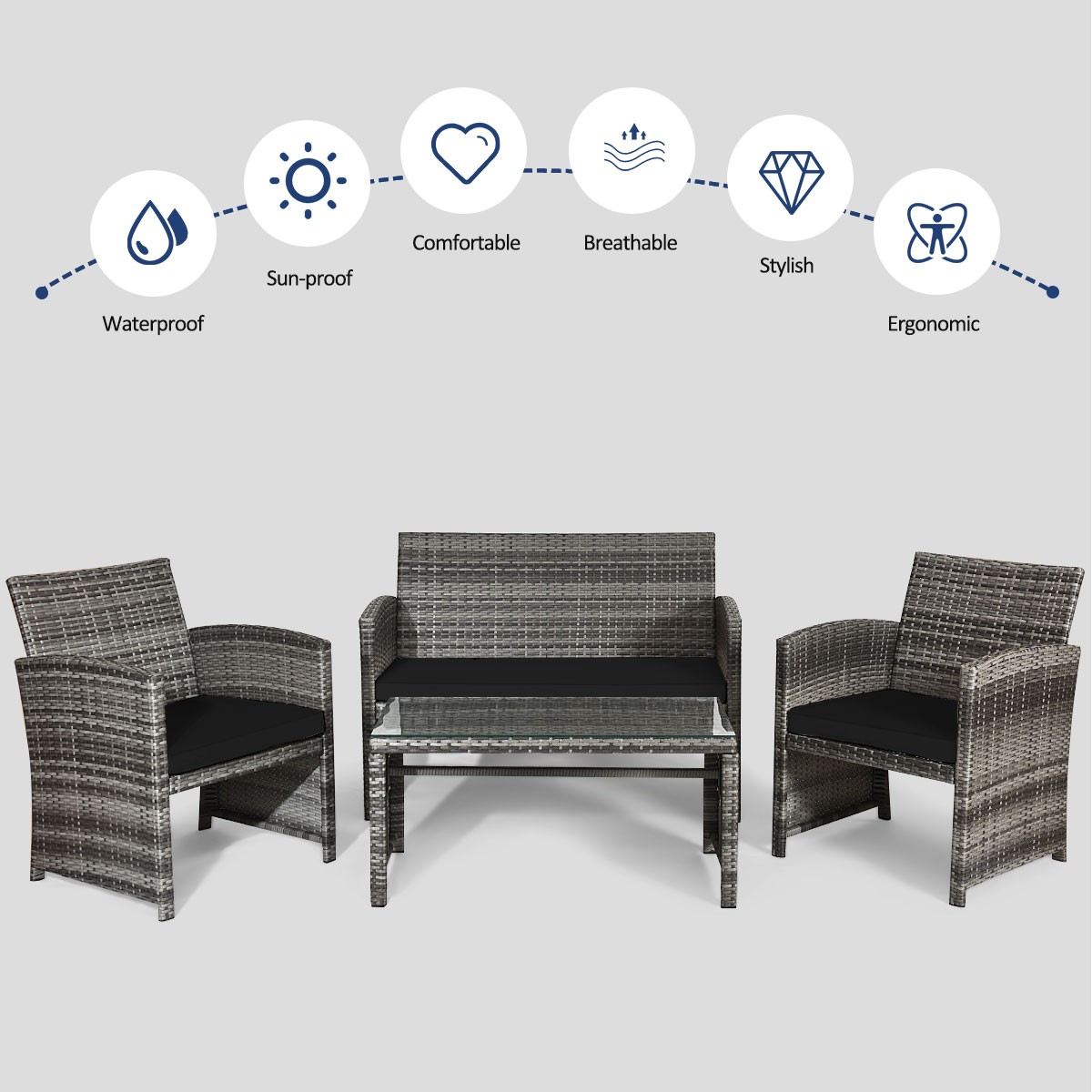 4PCS Patio Rattan Furniture Set Conversation Glass Table Top Sofa Cushioned