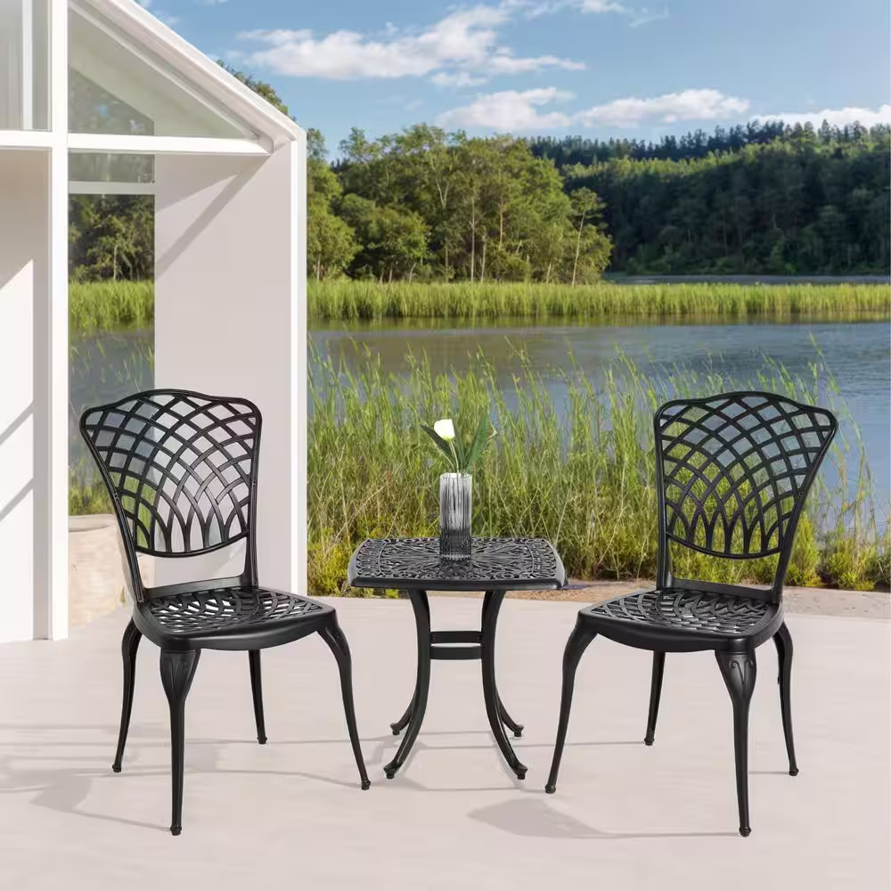 Black 3-Piece Aluminium Outdoor Serving Bistro Set, 2 Chairs and 1 round Table f