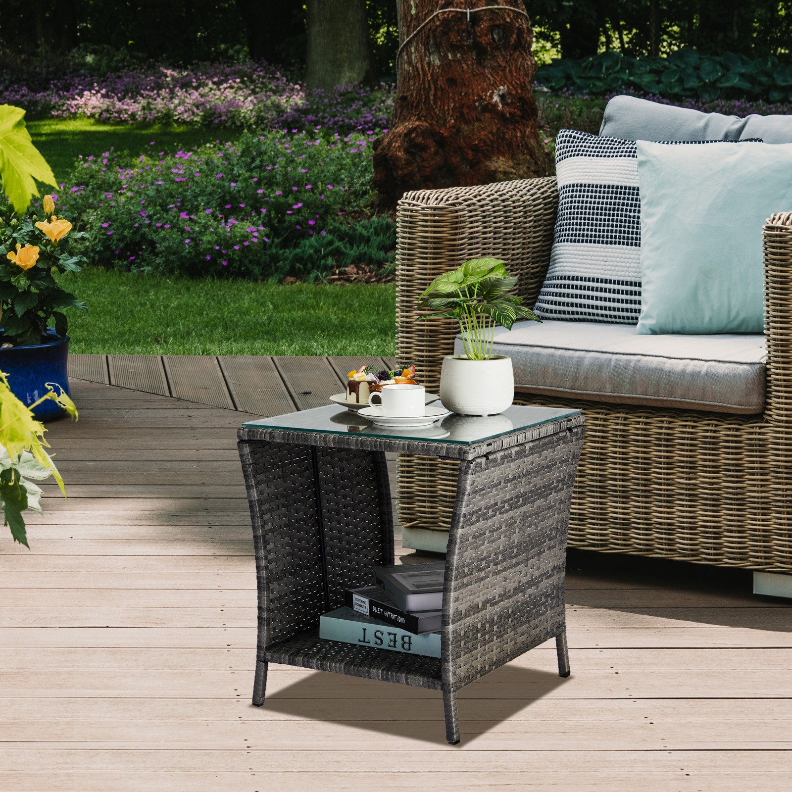 Outdoor Patio Wicker Square Side Table with Glass Top Storage Shelf 2 Colors