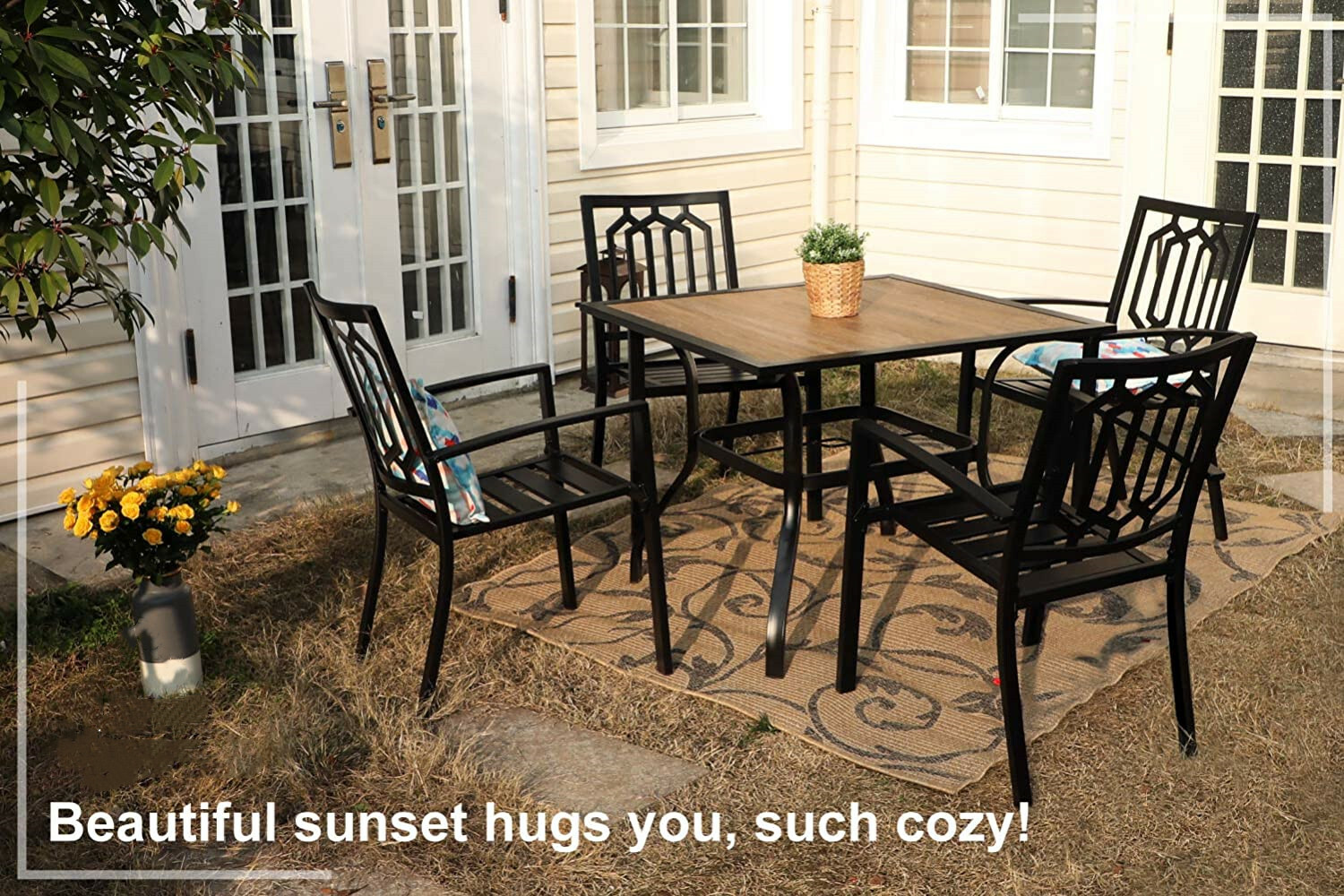 Patio Table Chair Set of 5 37” Square Table 4 Metal Chair Outdoor Furniture NEW