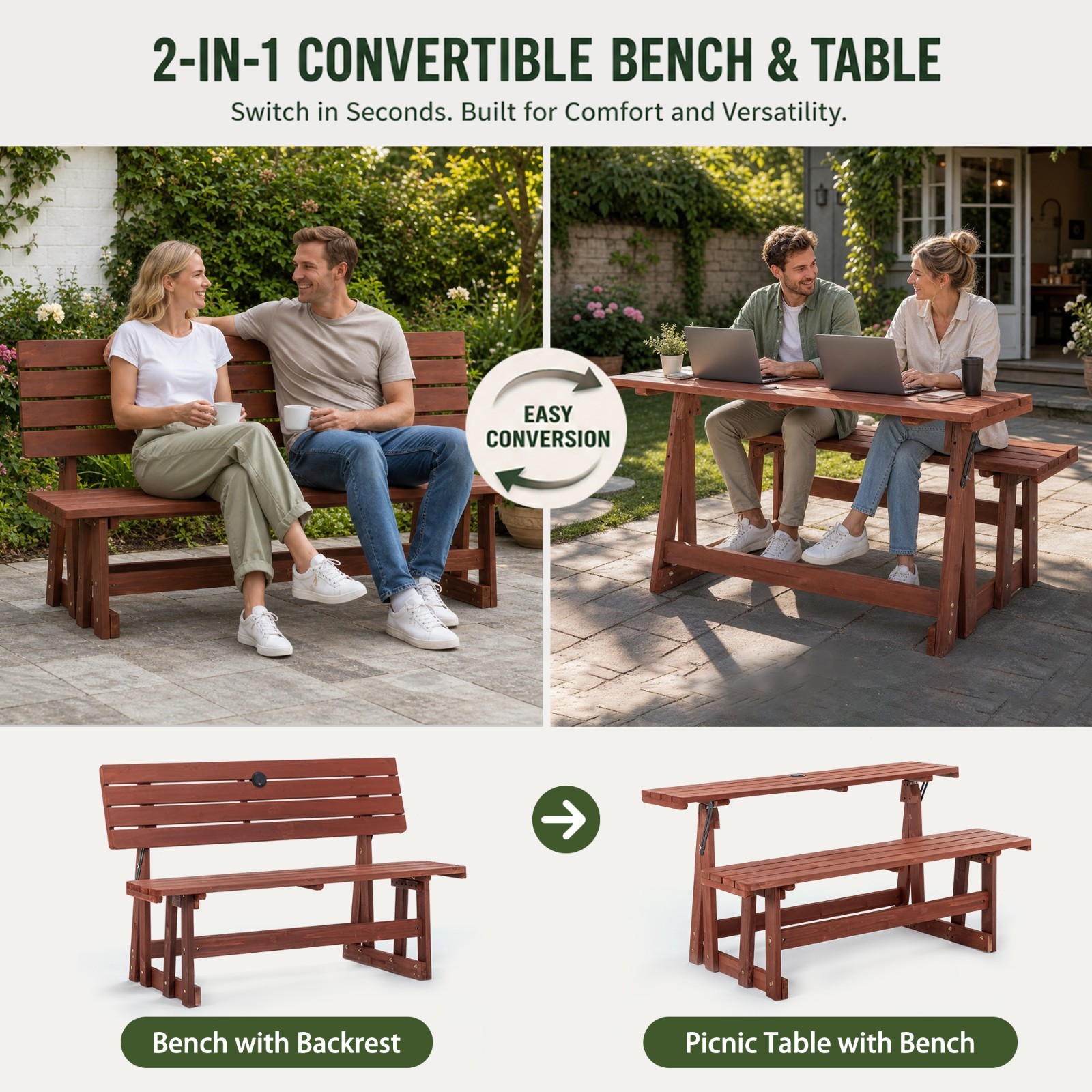 2-in-1 Convertible Picnic Bench Table Solid Wood Outdoor Dining Set