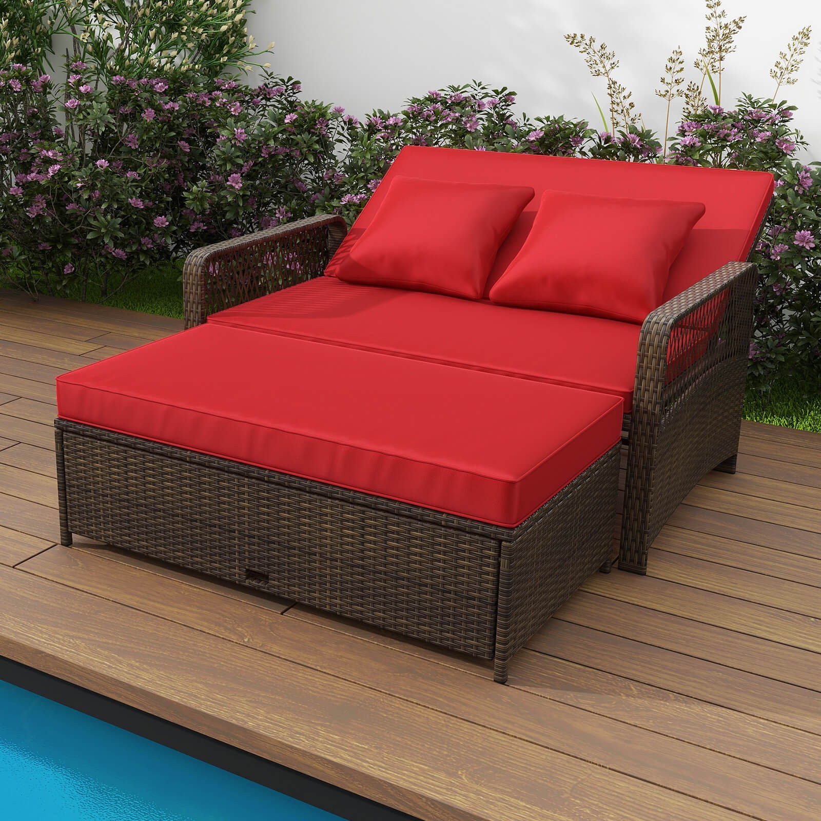 Patio Rattan Daybed Wicker Loveseat Sofa with Multifunctional Ottoman