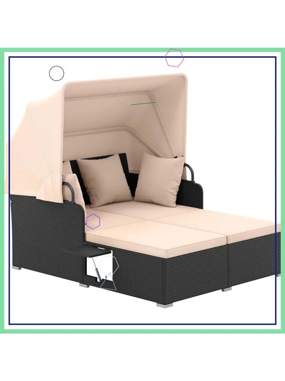 Patio Rattan Daybed W/ Canopy, Outdoor Lounger, 2 Side Tables, Cushions
