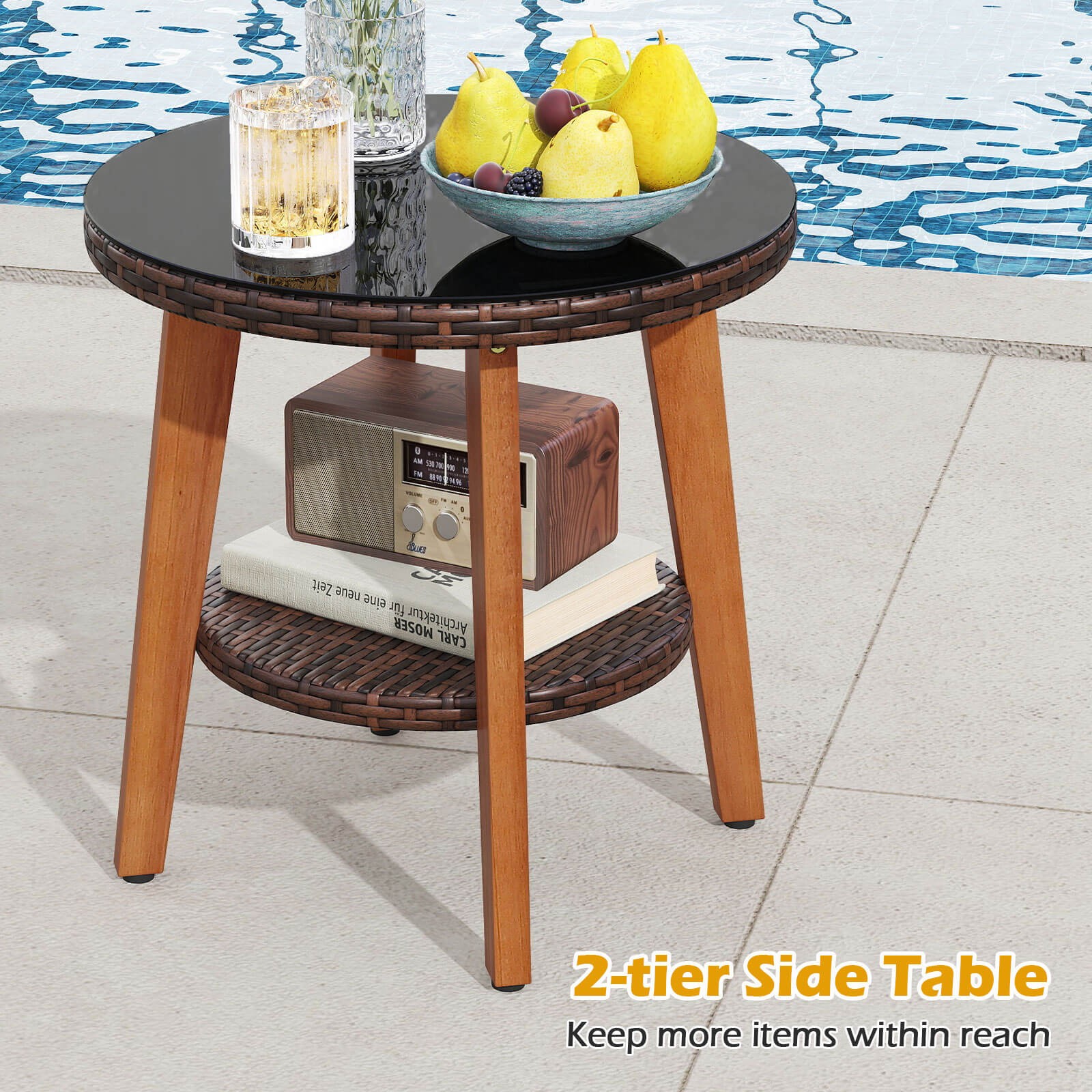 3 PCS Patio PE Wicker Furniture Set w/Solid Acacia Wood Frame & Cushions