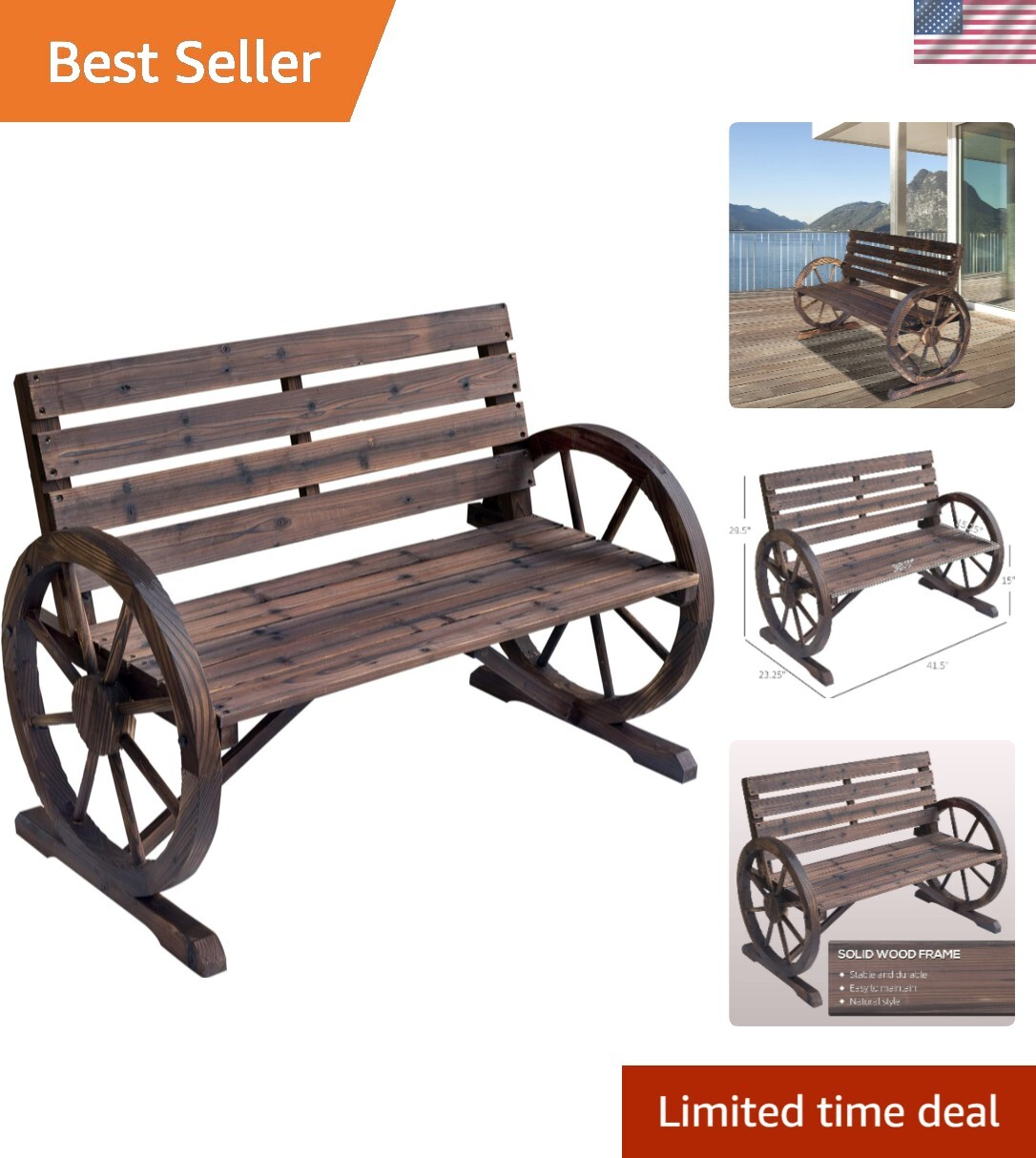 Sturdy Rustic Wooden Patio Bench – 2-Person Capacity and Weather-Resistant