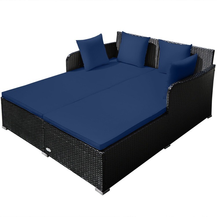 Outdoor Patio Rattan Daybed Wicker Sofa Deck Furniture w/Cushions & Pillows Navy