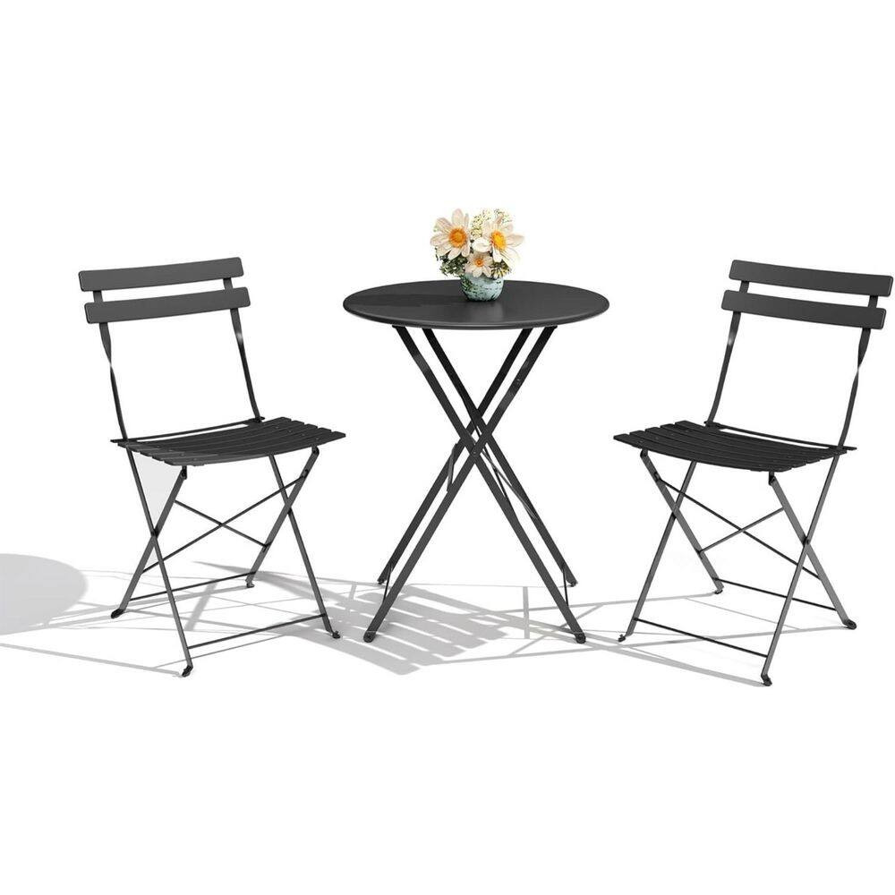 3 Piece Black Metal Patio Bistro Set with Folding Table and 2 Chairs for Backyar