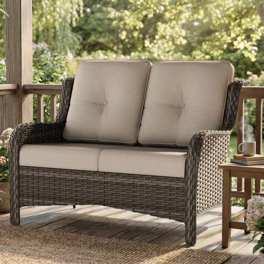 Brown Wicker Outdoor Patio Loveseat 2-Seat Sofa Couch with Beige Cushions