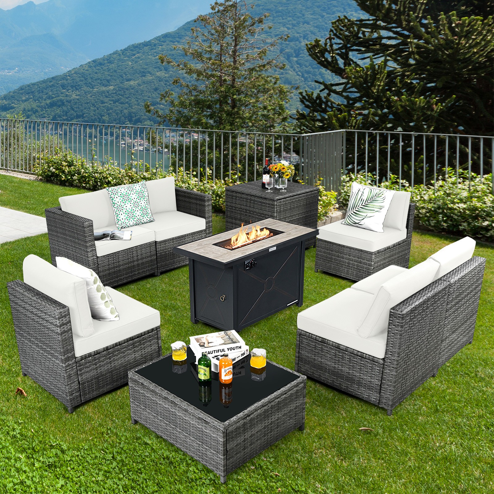 9 PCS Ratio Furniture Set w/42″ Fire Pit Table & Coffee Table & Soft Seats White