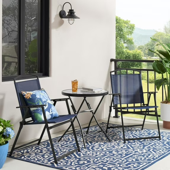 Mainstays Albany Lane 3-Piece Outdoor Bistro Set Navy Folding Table Chairs Patio