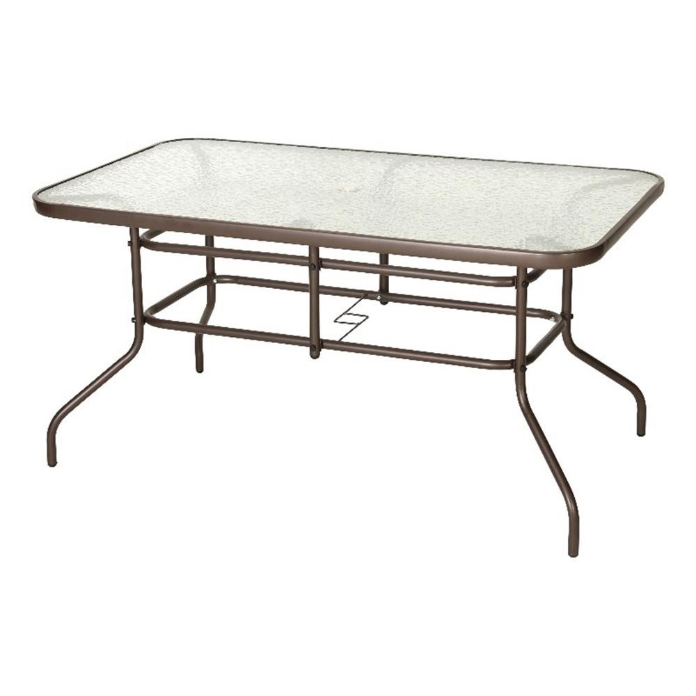 31.5″ x 55″ Rectangular Tempered Glass Metal Table with Umbrella Hole – Bronze