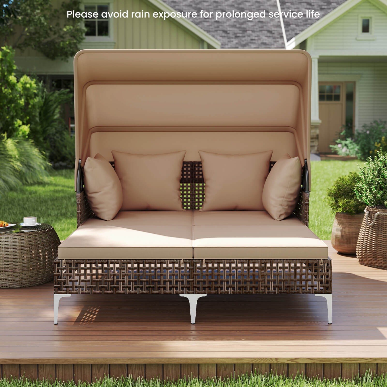 Outdoor Rattan Double Daybed w/ Retractable Canopy & Seat Back Cushions
