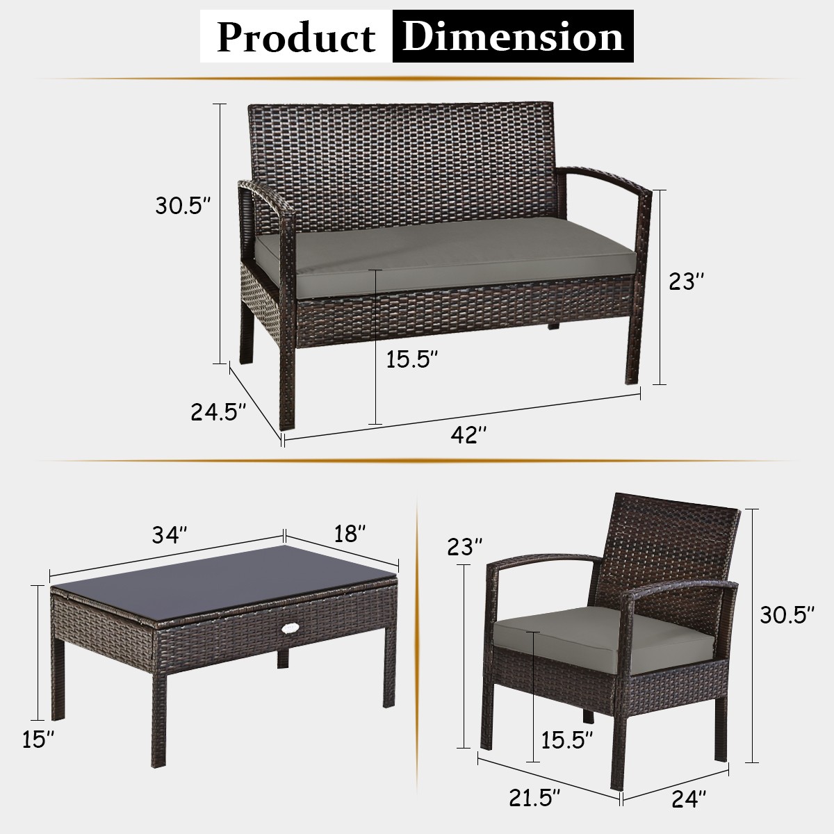 Patiojoy 4PCS Patio Rattan Furniture Set Cushioned Sofa Coffee Table Garden Deck