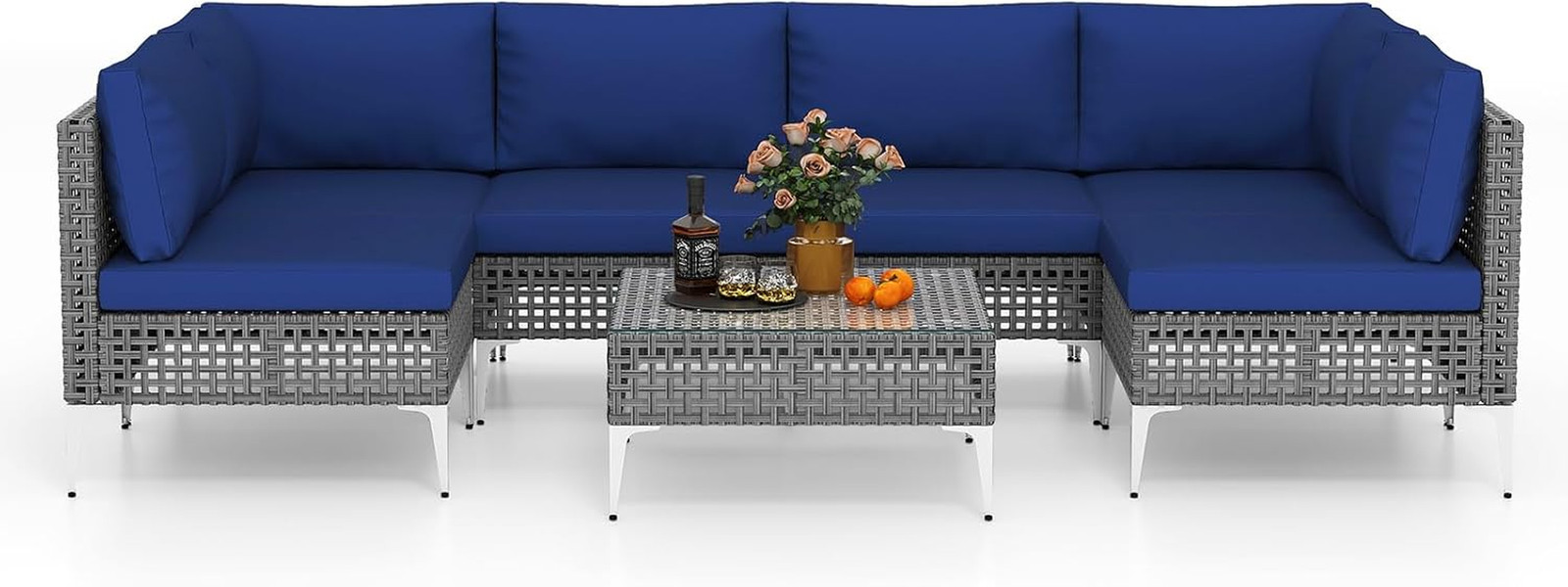 Navy Blue 7-Piece Outdoor Wicker Sofa Set with Coffee Table for Patio & Lawn