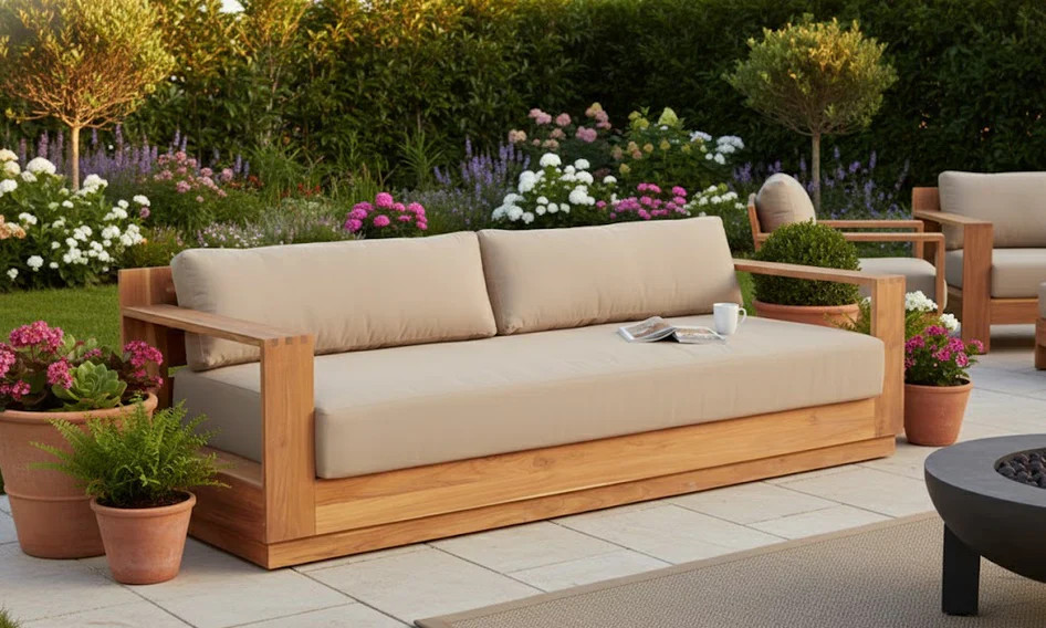 Imperial Grove Outdoor Solid Teak Wood Sofa Set Sofa + Arm Chair And Coffee Tab