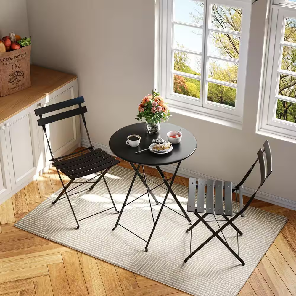 3 Piece Black Metal Patio Bistro Set with Folding Table and 2 Chairs for Backyar