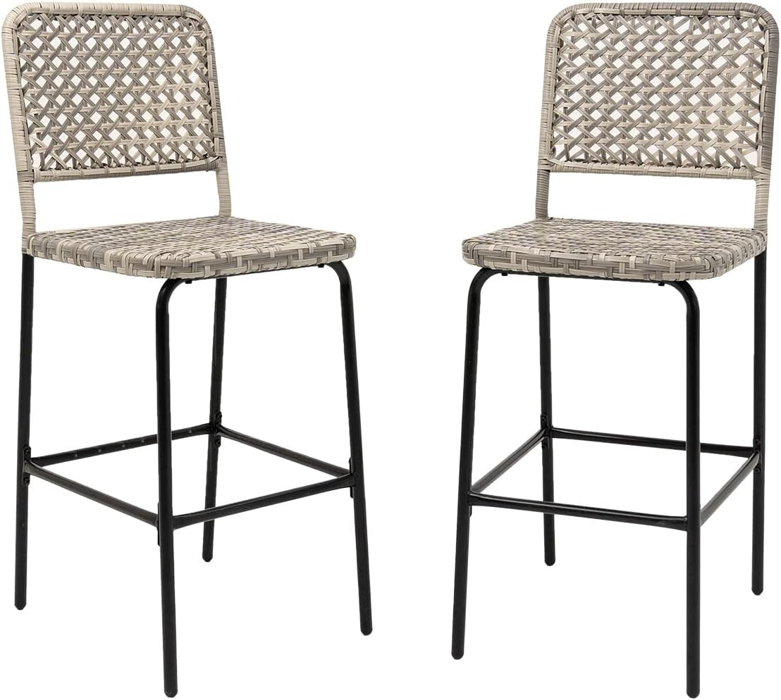 Sundale Outdoor Patio Bar Stools Set of 2, Hand Woven PE Rattan Hollow Back Arml