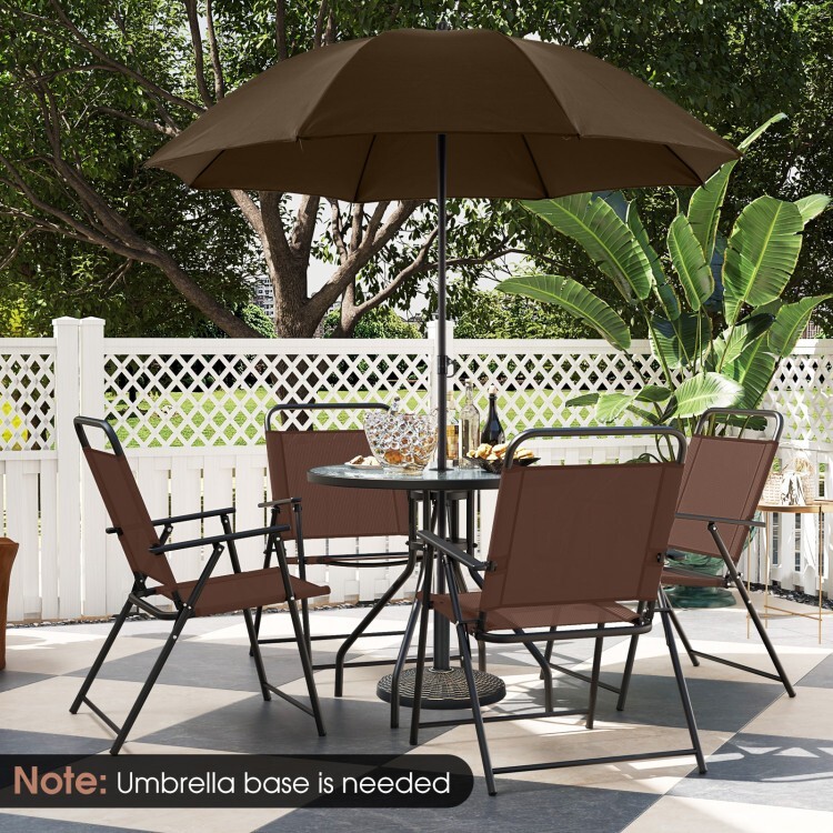 6Pcs Patio Outdoor Dining Folding Chairs & Glass Table Set Tilt Umbrella Garden